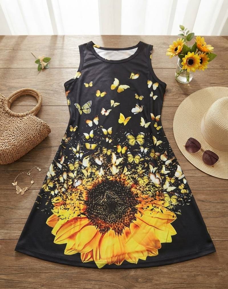 فستان "عباد الشمس والفراشات" الصيفي المبهج 🌻🦋