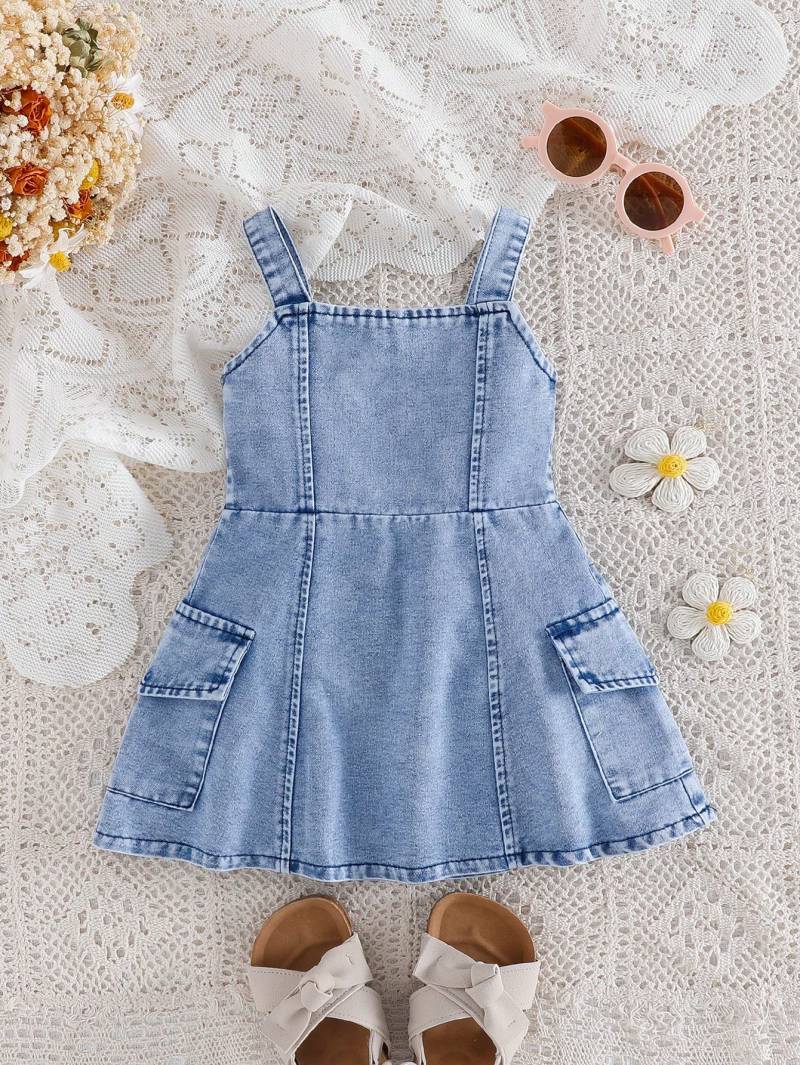 فستان جينز أطفال بحمالات وجيوب جانبية 👗👖✨