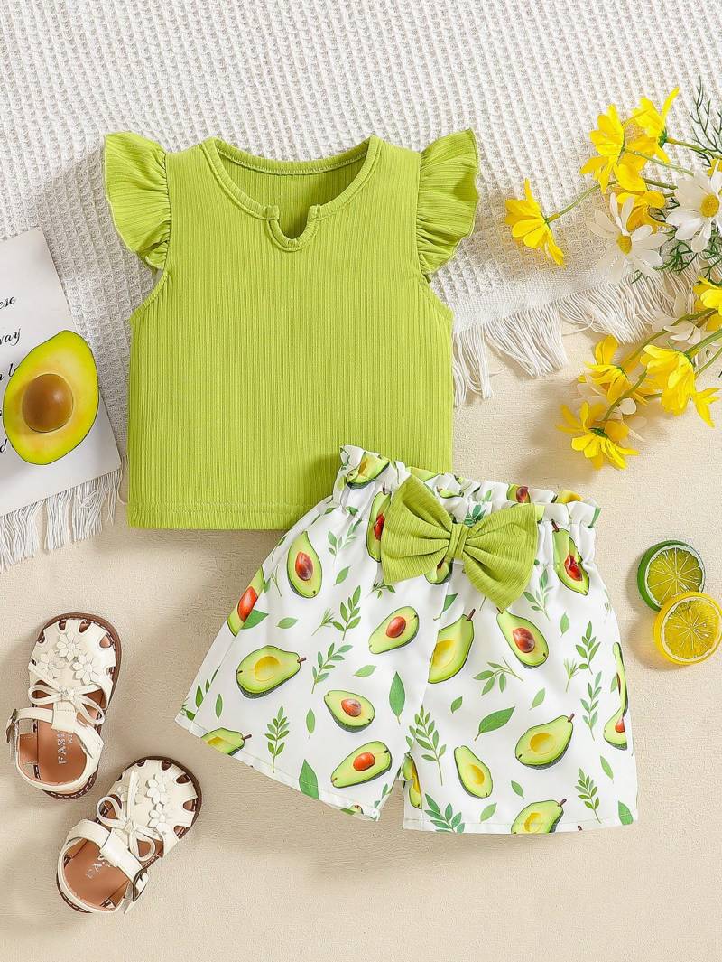 طقم أطفال صيفي بلون أخضر بطبعة الأفوكادو 🥑✨