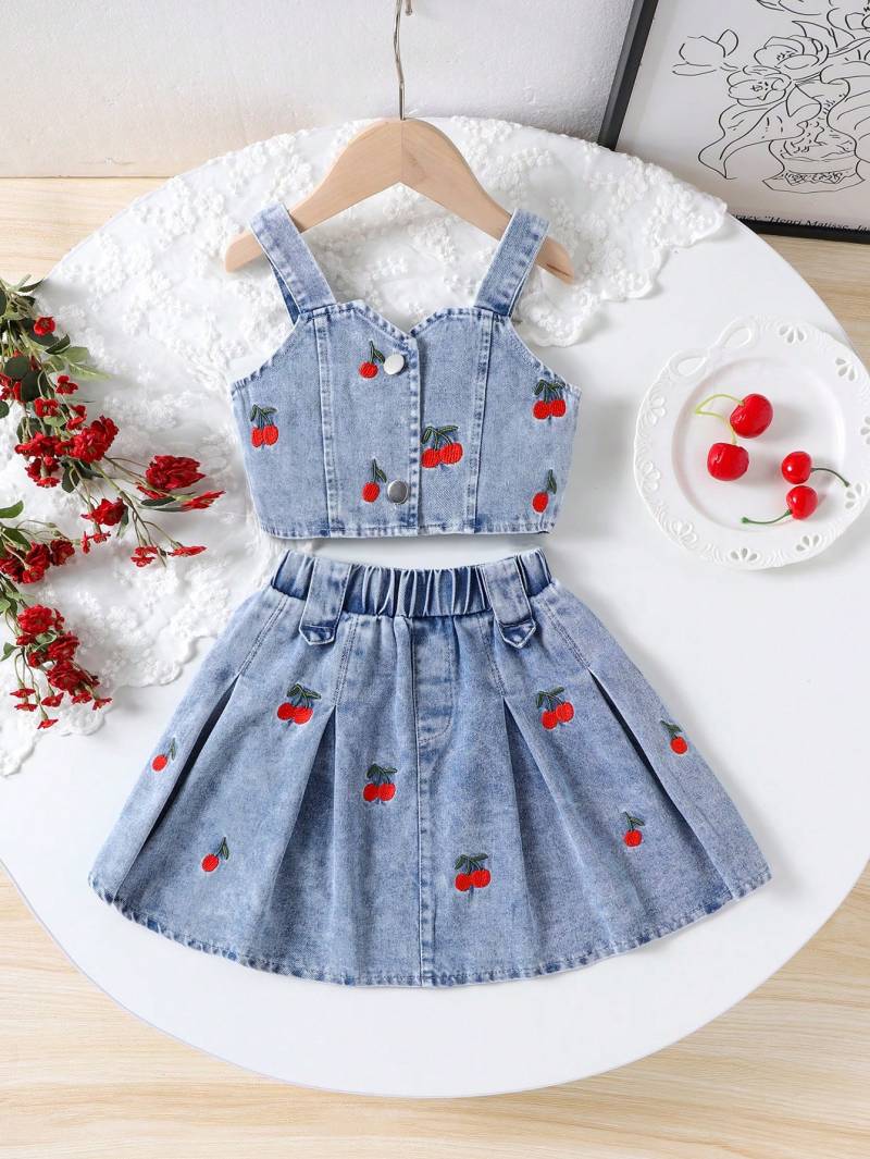 طقم أطفال جينز بتطريز الكرز 🍒👖✨
