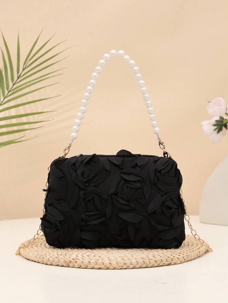 ​🖤 حقيبة يد سوداء بتصميم الورود البارزة مع يد لؤلؤ أنيقة 👜✨