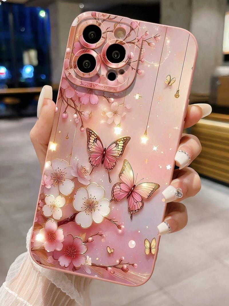 ​جراب آيفون وردي بتصميم الفراشات البارزة وأزهار الكرز الساحرة 📱🦋🌸