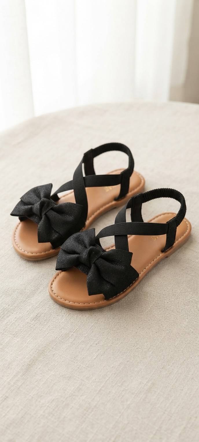 صندل صيفي أسود أنيق بفيونكة براقة وأشرطة متقاطعة مريحة 🎀✨